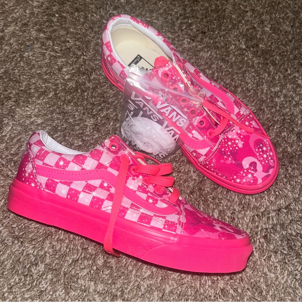 Custom Neon Pink Checkerboard Camo Sparkle Vans